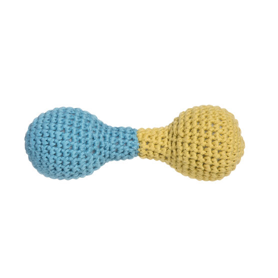 Yellow & blue Dumbbell crochet rattle