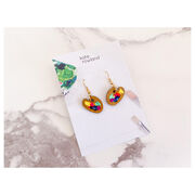 Small wooden paint palette drop earrings with paint splotches in presentation card