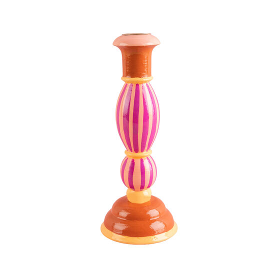 Wooden Carved Candlestick Pink Stripe