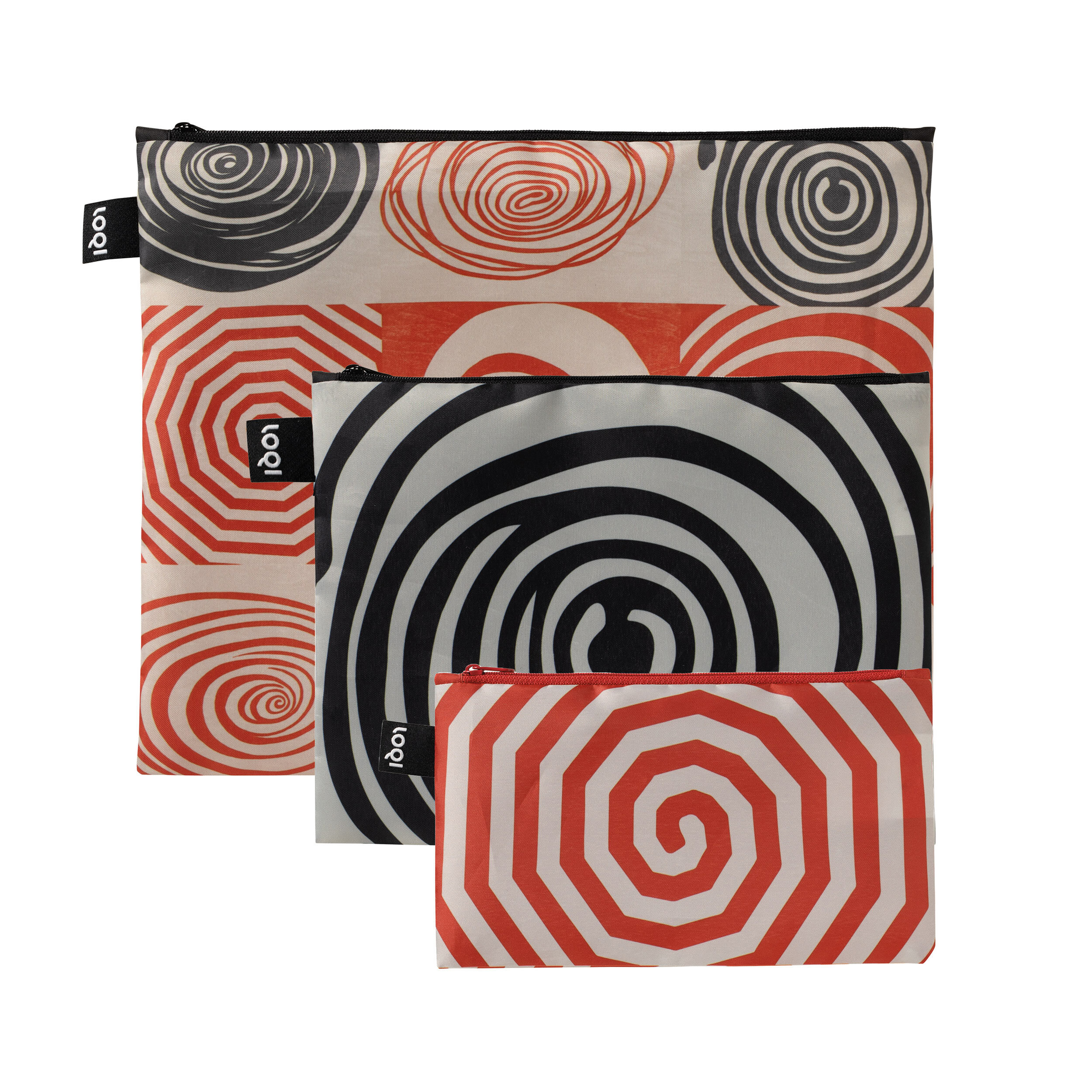 Set 3 Borse Zip LOQI Louise Bourgeois – Spirali, In Taffetà Riciclato, Impermeabili, Misure Mini Midi Maxi