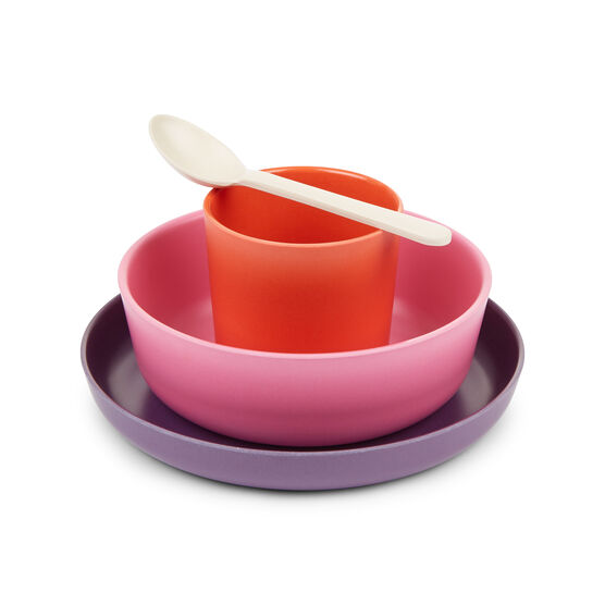 Kids bamboo dining set - pink, purple and red