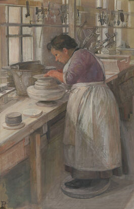 Sylvia Pankhurst: On a Pot Bank: Finishing Off the Edges of the Unbaked Plates on a Whirler