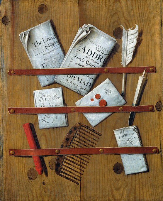 Edward Collier: A Trompe l'Oeil of Newspapers, Letters and Writing Implements on a Wooden Board