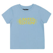 Pale blue kids' t-shirt with Limited Edition yellow chest graphic - front