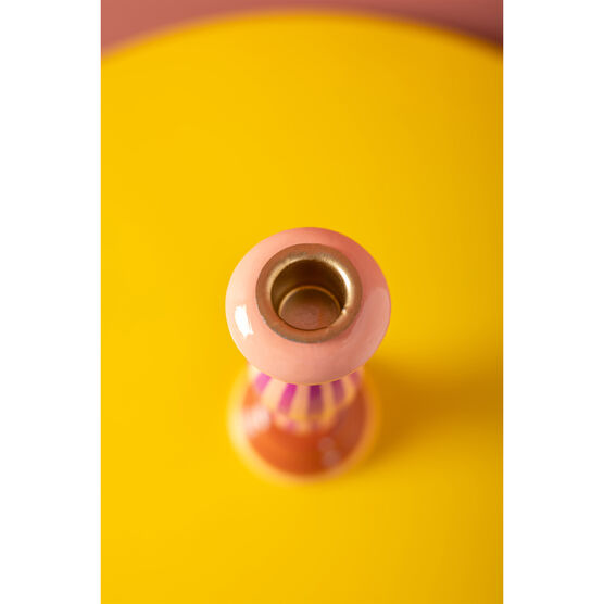 Wooden Carved Candlestick Pink Stripe