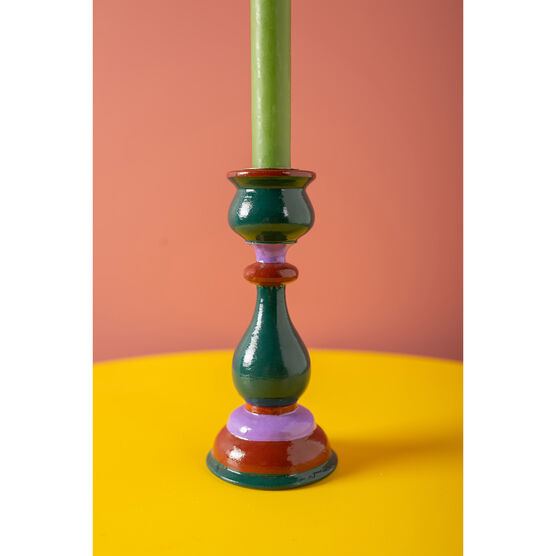 Wooden Carved Candlestick Teal, Brown & Purple