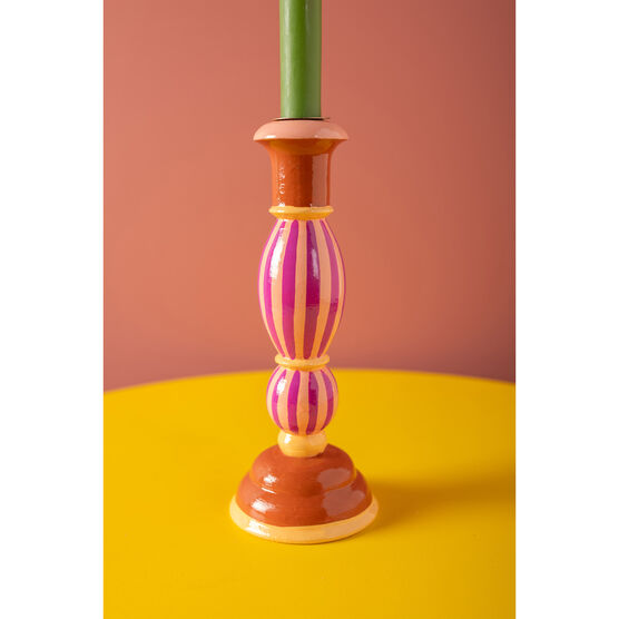 Wooden Carved Candlestick Pink Stripe