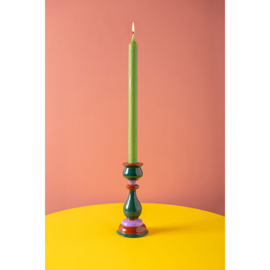 Wooden Carved Candlestick Teal, Brown & Purple