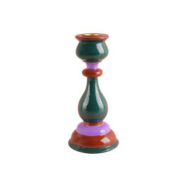 Wooden Carved Candlestick Teal, Brown & Purple