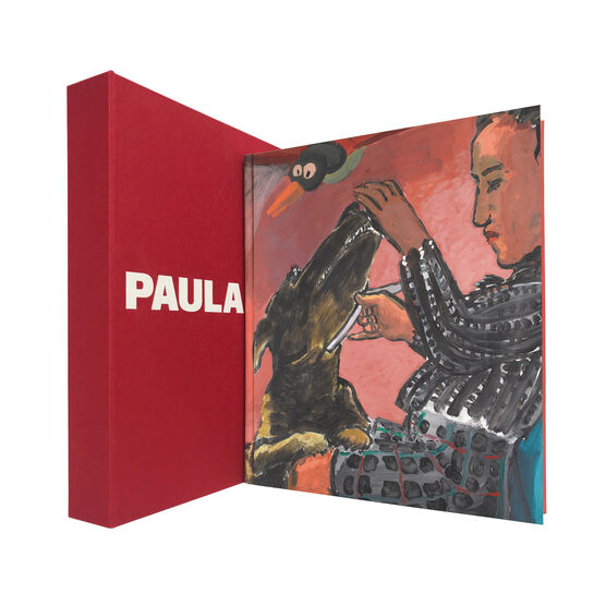 Red clothbound case with hardback exhibition book