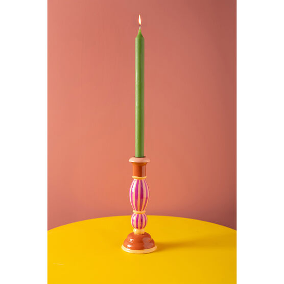 Wooden Carved Candlestick Pink Stripe