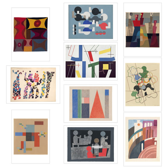 10 postcards of Sophie Taeuber-Arp artworks on a white background