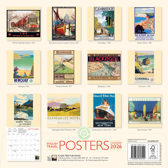 English Travel Posters 2026 wall calendar