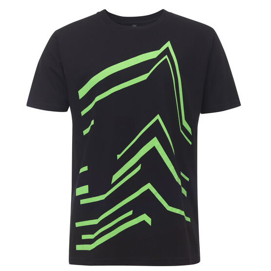Black t-shirt with bright green outline of Tate Modern's Blavatnik building across the front