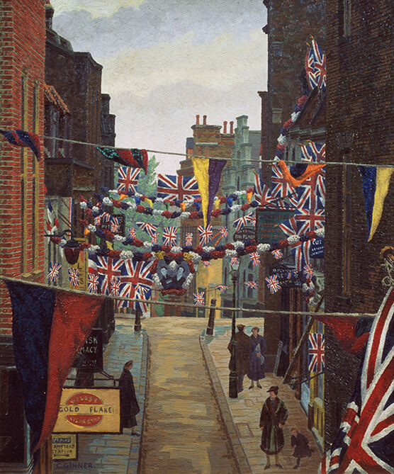 Charles Ginner: Flask Walk, Hampstead, on Coronation Day