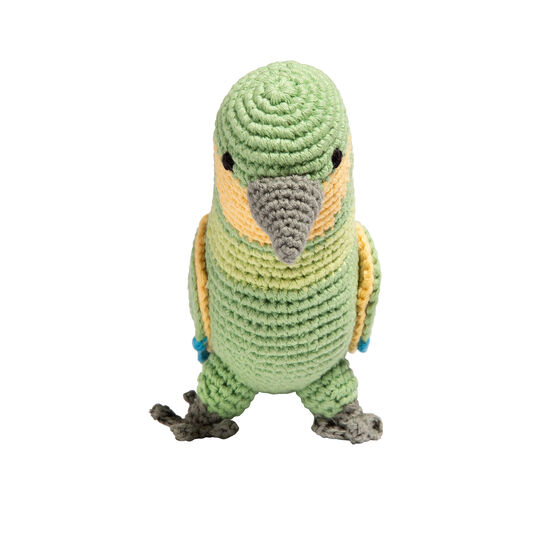 Green crochet parrot toy