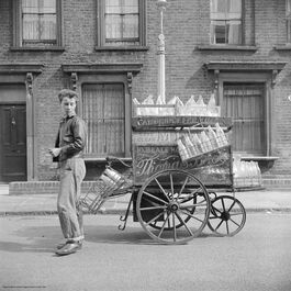 Nigel Henderson: An unidentified young man beside a milk cart