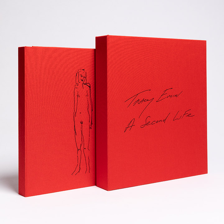 Red clamshell clothbound case and red clothbound hardback book with Tracey Emin artwork image on the cover